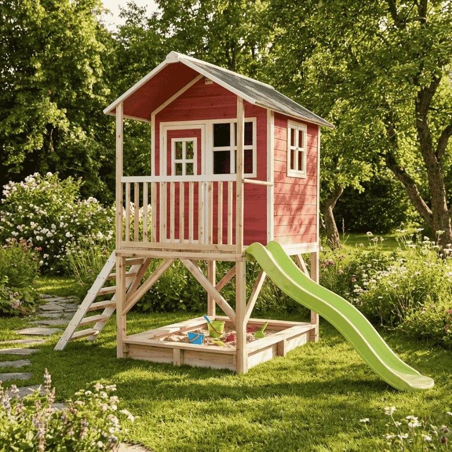 Casa de brincar infantil exterior para crianças Loft 500 em madeira com escorrega e caixa areia - Vermelha