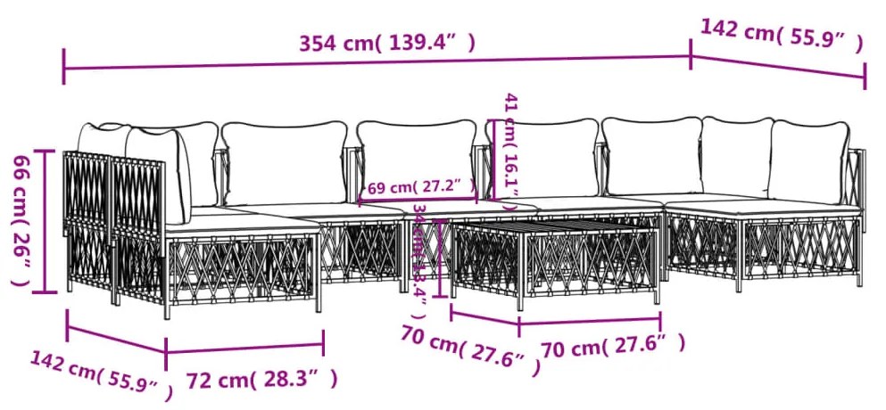 8 pcs conjunto lounge de jardim com almofadões aço branco