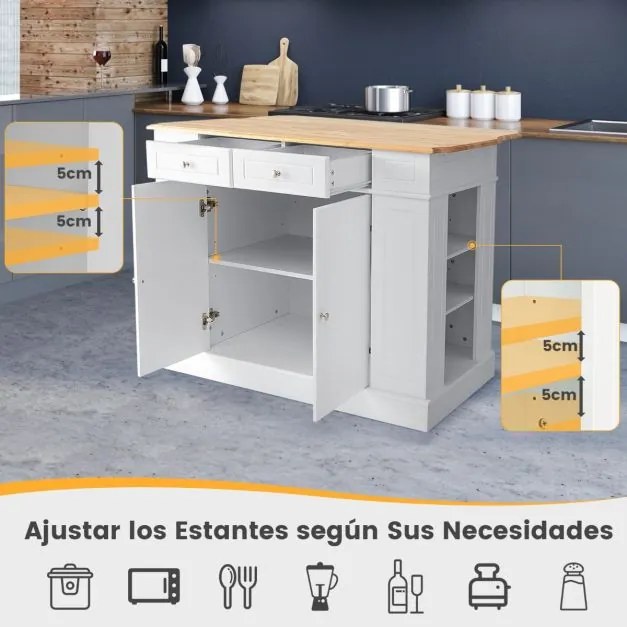 Ilha de cozinha com arrumação 120 x 61 x 92 cm Bancada de madeira Gavetas Prateleiras laterais 2 portas e 3 níveis de prateleiras ajustáveis Branco