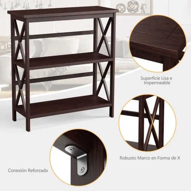 Mesa consola de 3 camadas com dispositivo anti-queda fácil de limpar e montar 79 x 32 x 86 cm Castanho