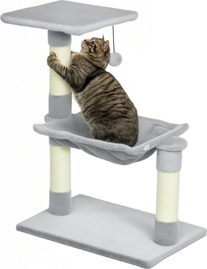 Arranhador para gatos com 3 arranhadores de sisal natural, plataforma, rede e bola suspensa, 50 x 26 x 70 cm, cinzento