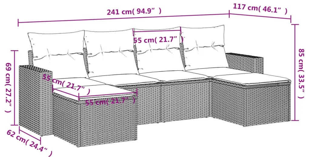 6 pcs conjunto de sofás p/ jardim com almofadões vime PE bege