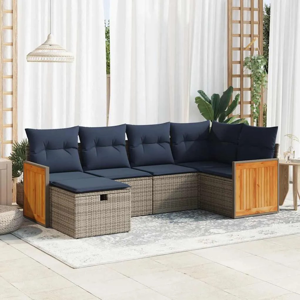 6 pcs conjunto sofás de jardim com almofadões vime cinzento