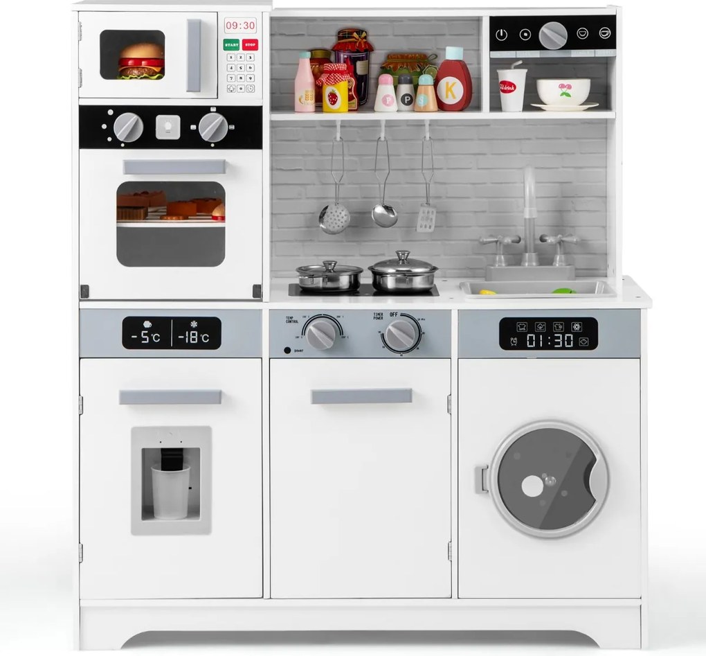 Cozinha de brincar para crianças em madeira com lava-loiça, torneira, dispensador de água, forno micro-ondas, máquina de lavar roupa, luzes e sons Bra