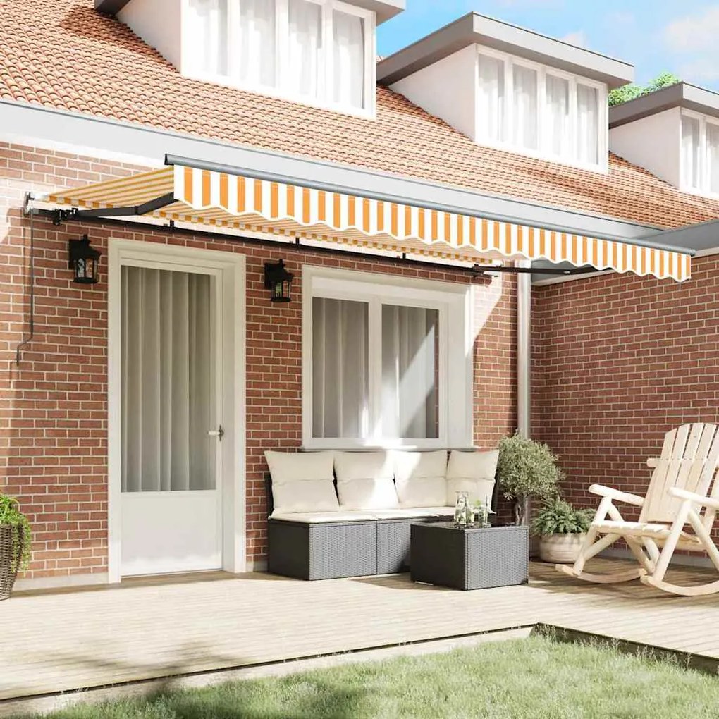 Toldo Retrátil Manual Amarelo e Laranja e Branco