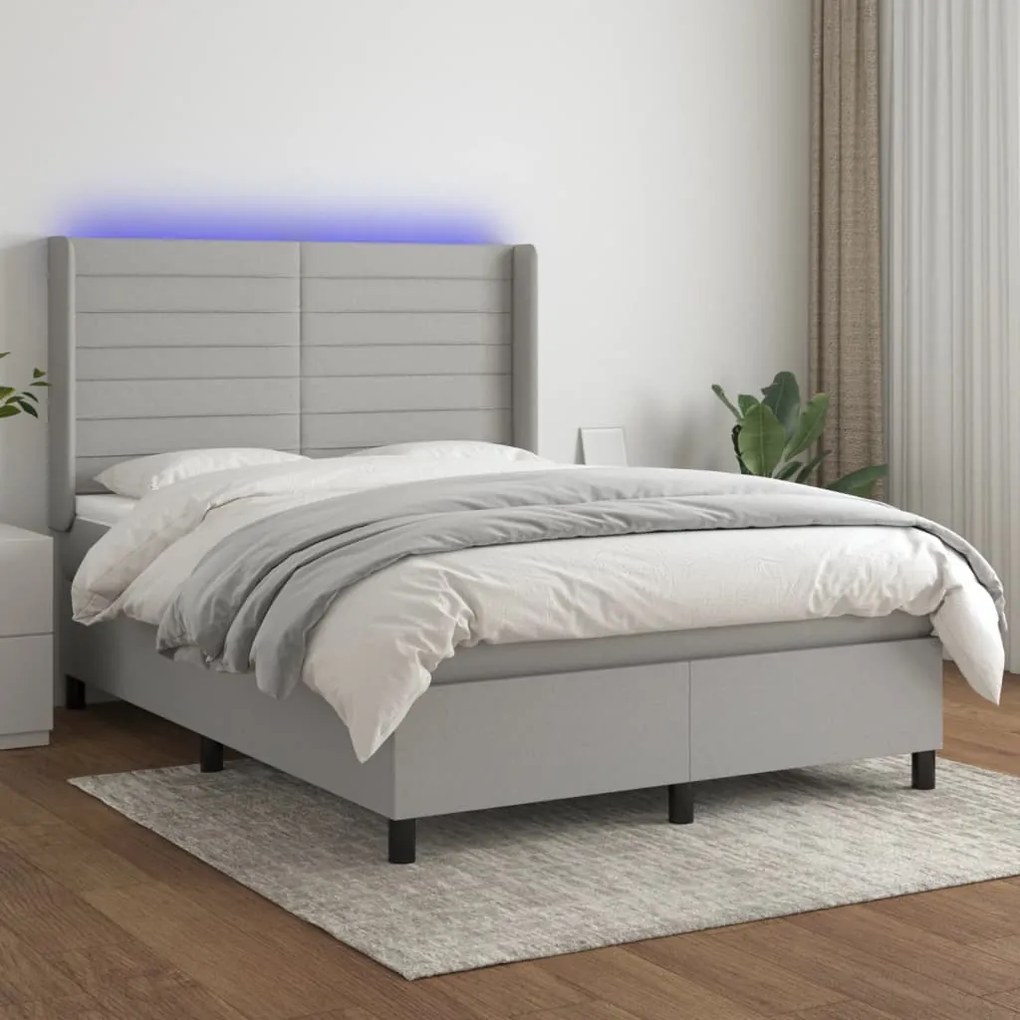 Cama box spring c/ colchão e LED 140x190 cm tecido cinza-claro