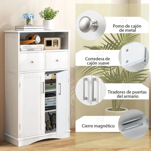 Armário de casa de banho de chão com 2 portas, 2 gavetas e 2 prateleiras ajustáveis Organizador de armazenamento 60 x 30 x 108 cm Branco