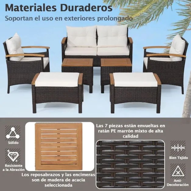 Conjunto de jardim de 7 peças em rattan com almofadas 2 Pufes e 2 mesas Tampo da mesa e apoios de braços Castanho misto e Branco