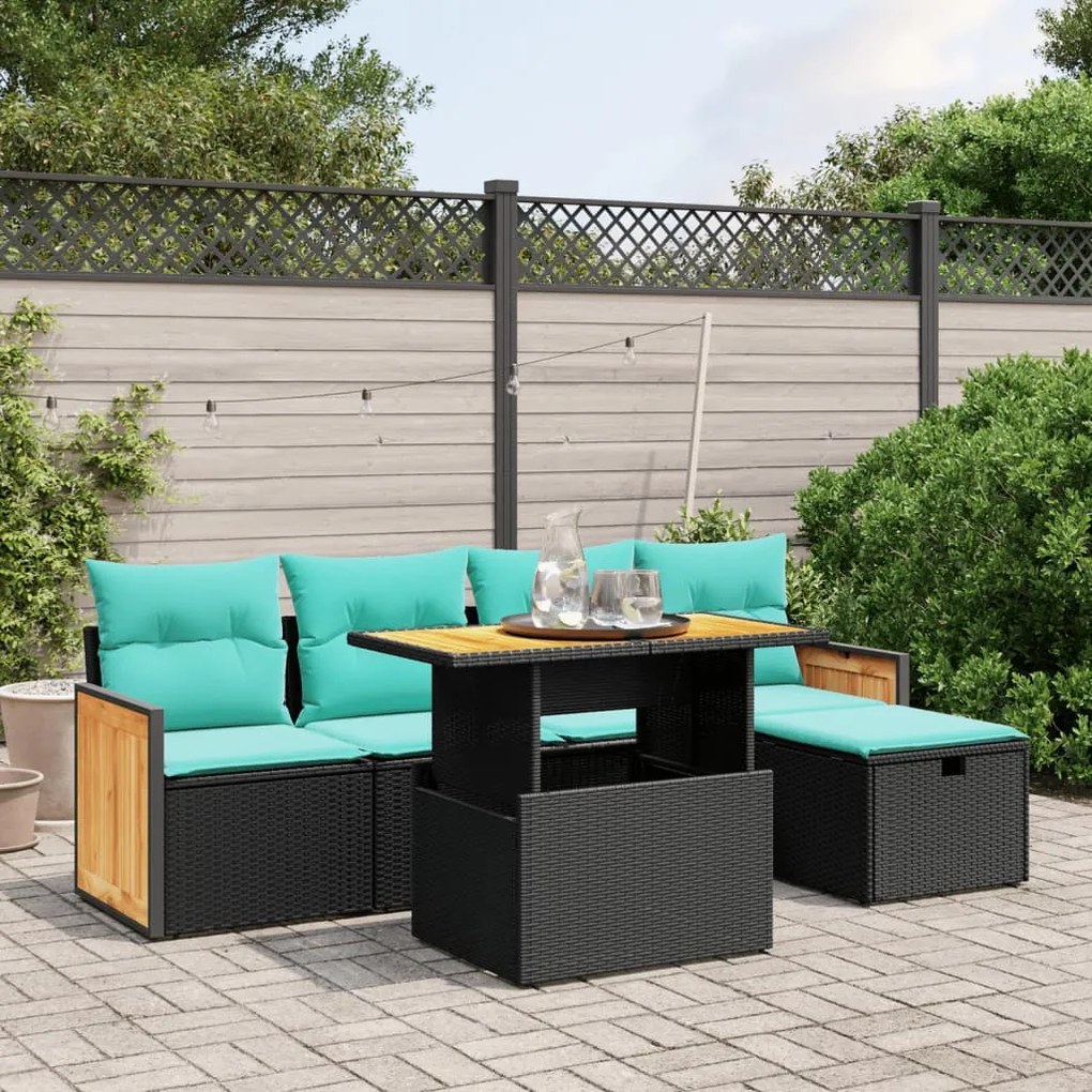 vidaXL 6 pcs conjunto de sofás p/ jardim c/ almofadões vime PE preto