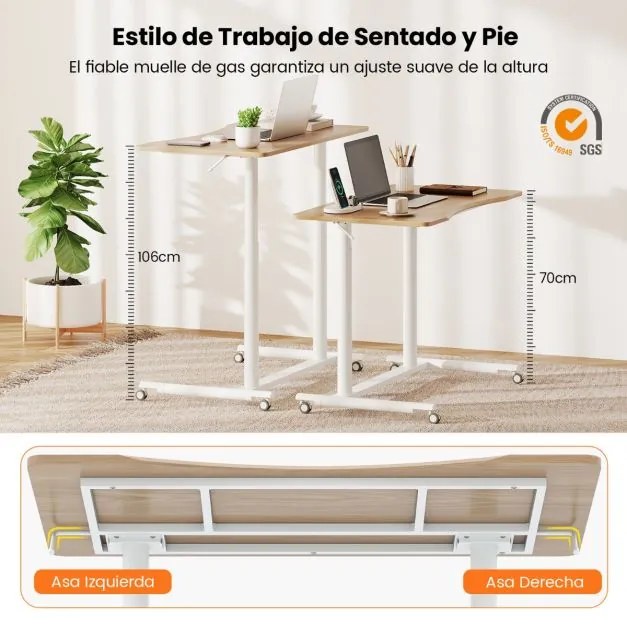 Secretária com altura ajustável em C 95 x 52 x 70-106 cm com rodas bloqueáveis e estrutura metálica para escritório Natural