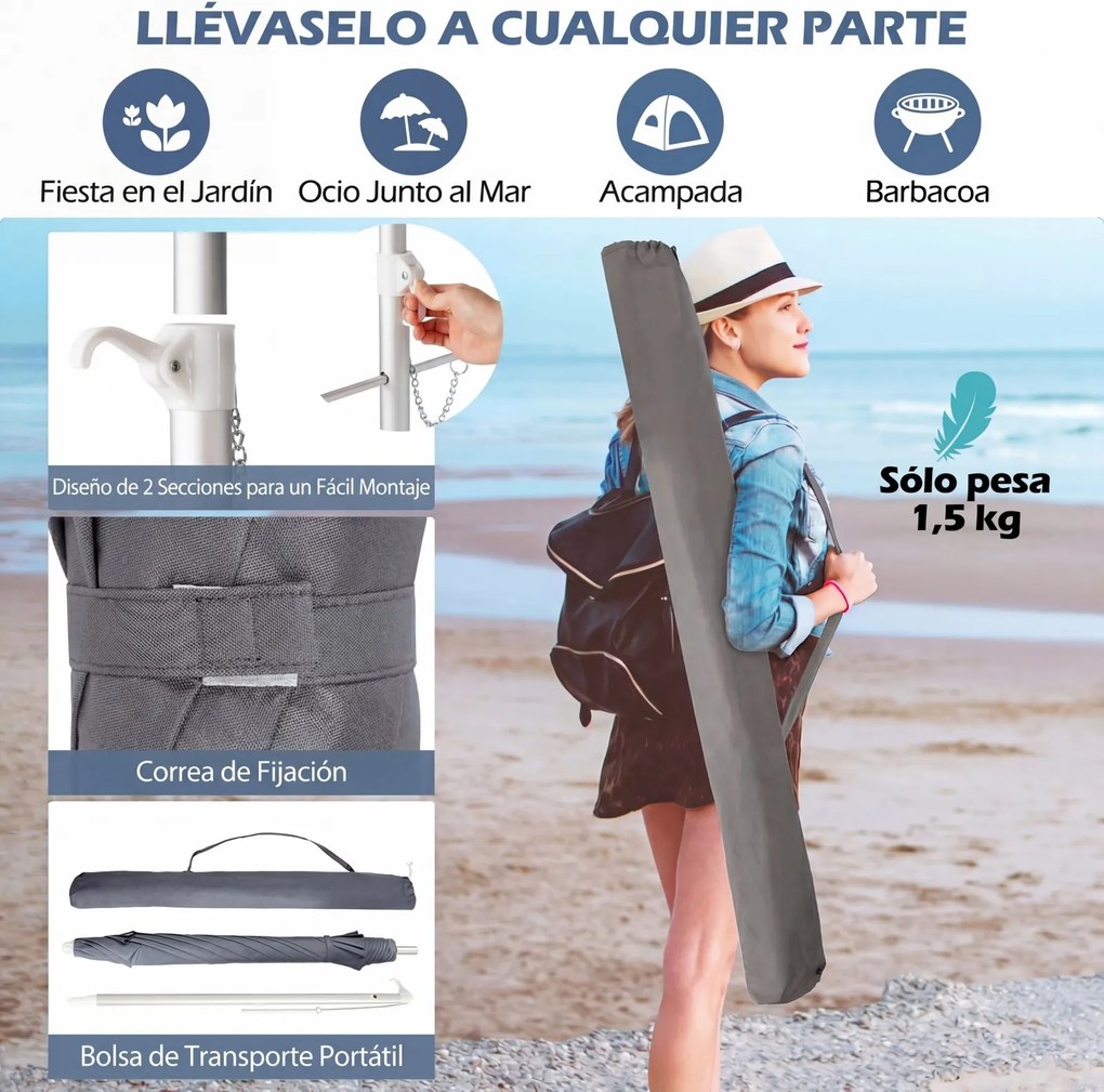 Guarda-sol de praia portátil 178 x 206 cm com inclinação ajustável e bolsa de transporte para jardim, pátio e exterior Cinzento