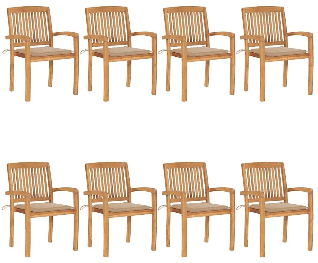 vidaXL Cadeiras de jardim empiháveis c/ almofadões 8 pcs teca maciça