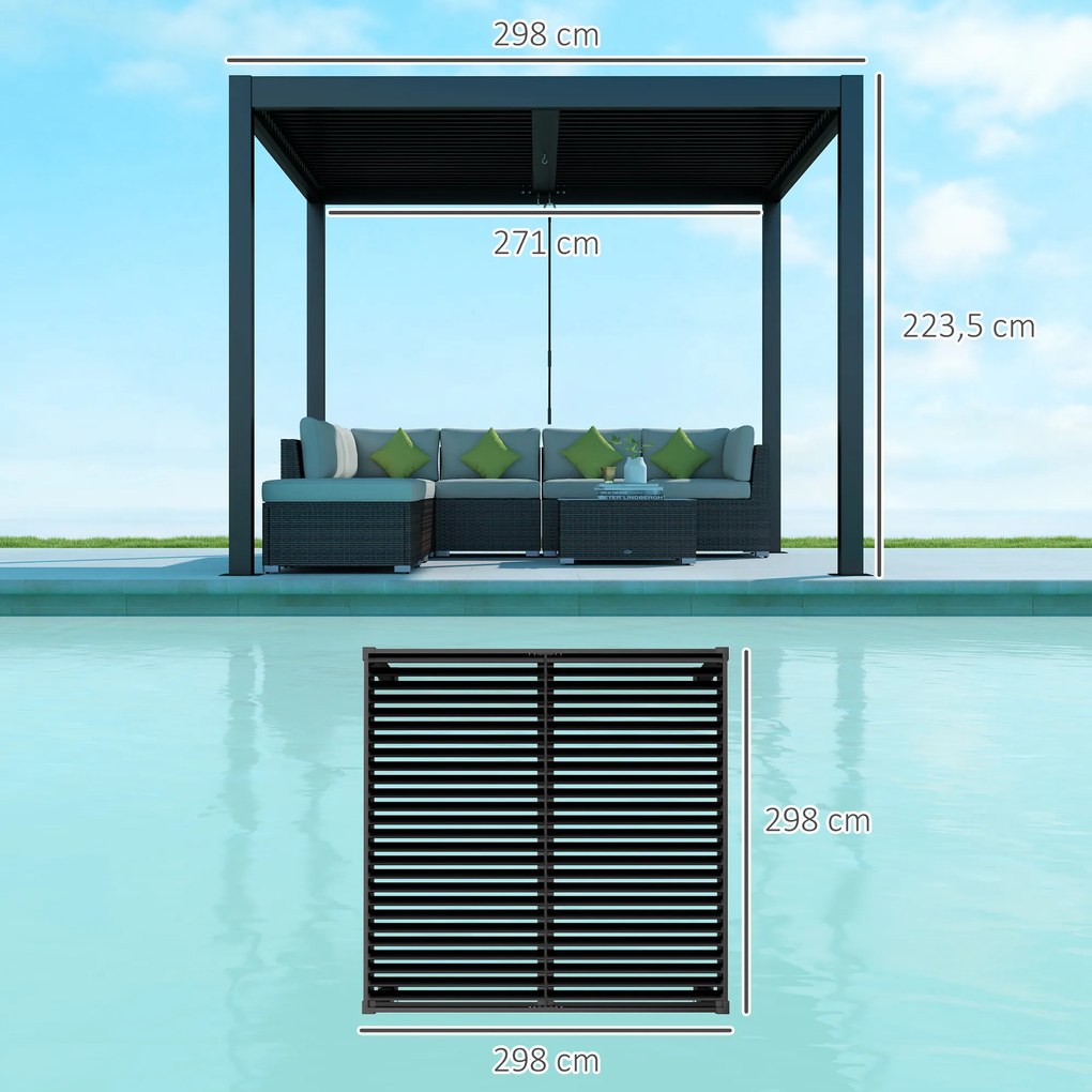 Pérgola de Alumínio 3x3 m Pérgola de Jardim com Teto de Lâminas Ajustáveis e Sistema de Drenagem Impermeável Anti-UV Cinza Escuro