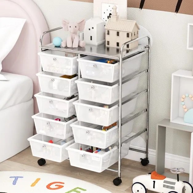 Carrinho móvel multiusos com 10 gavetas organizador multiusos com rodas 65,5 x 37 x 87 cm - transparente