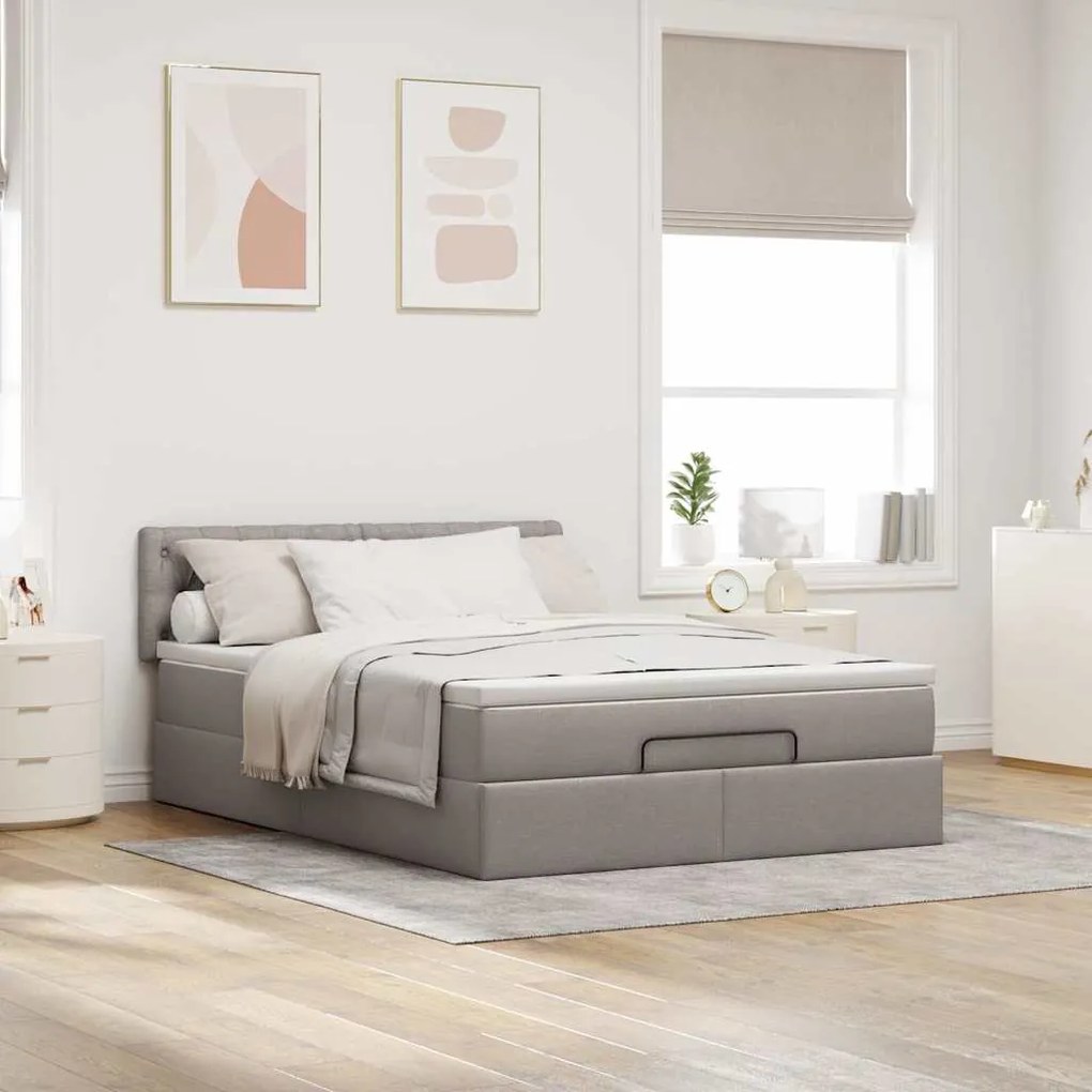 Cama Otomana com Colchão &amp; LEDs Taupe 140x200 cm Tecido
