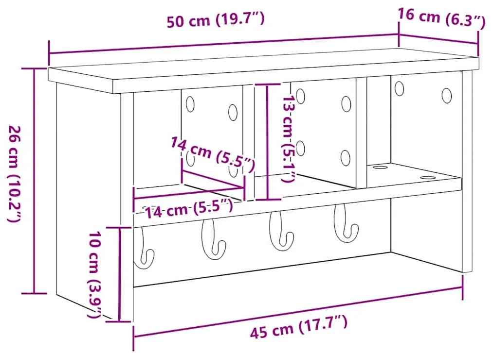Cabideiro de Parede Sonoma cinzento 50 x 16 x 26 cm