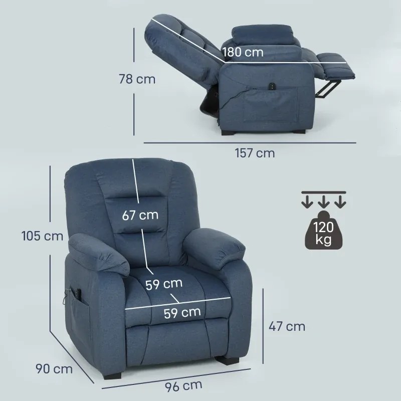 Poltrona Reclinável Elétrica Silenciosa com Função Memória Apoio para os Pés Controlo Remoto Porta USB 96x90x105 cm Azul