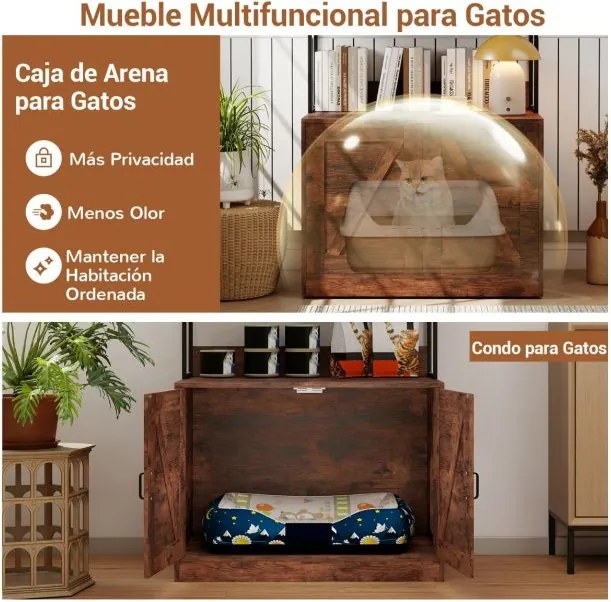 Móvel para caixa de areia para gatos (NÃO INCLUIDA) 80 x 48 x 145 cm com estantes de 3 níveis 4 ganchos Armário com 2 portas sala estar castanho