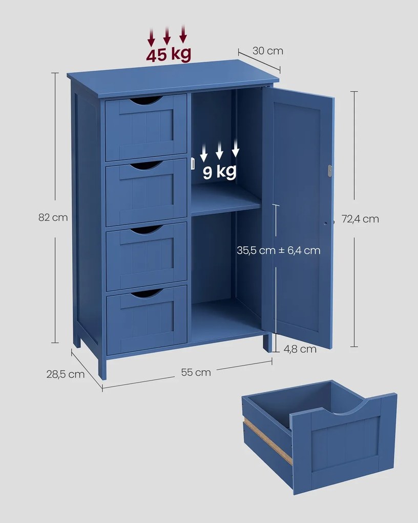 Armário de casa de banho 30 x 55 x 82 cm com 4 gavetas e 1 armário com prateleira ajustável azul marinho