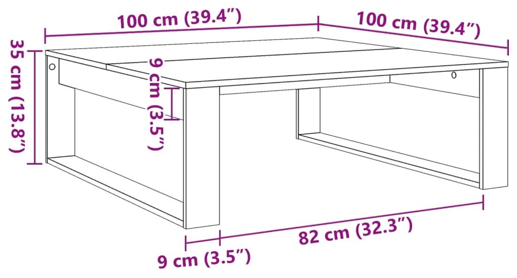 Mesa centro 100x100x35 cm derivados madeira carvalho artisiano