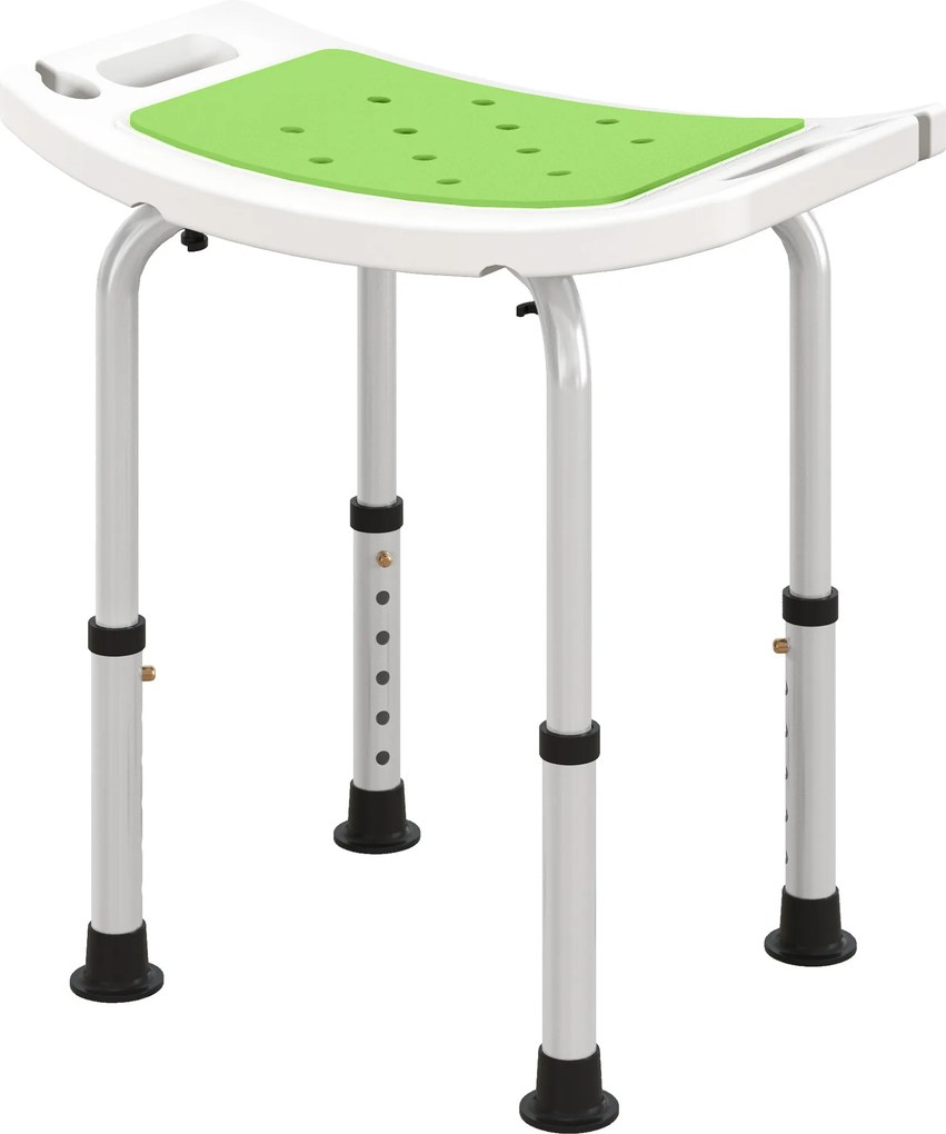 Assento de duche ajustável em altura; banco de duche ergonómico; pés antiderrapantes; carga máxima de 135 kg; alumínio e HDPE; verde