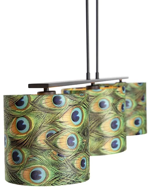 Candeeiro de suspensão com abajures de veludo azul petróleo com dourado 20cm - Combi 3 Deluxe Clássico / Antigo