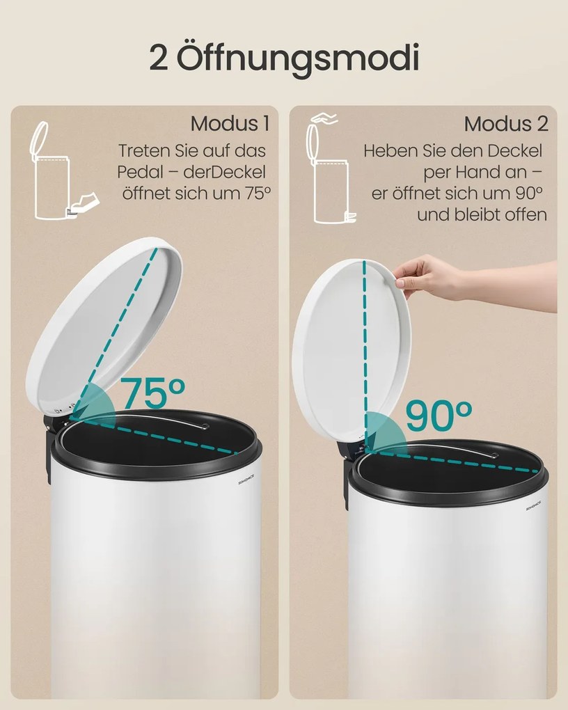 Caixote do lixo redondo de 30 L com pedal e cesto interior removível 29,5 x 37,1 x 63 cm, branco nuvem