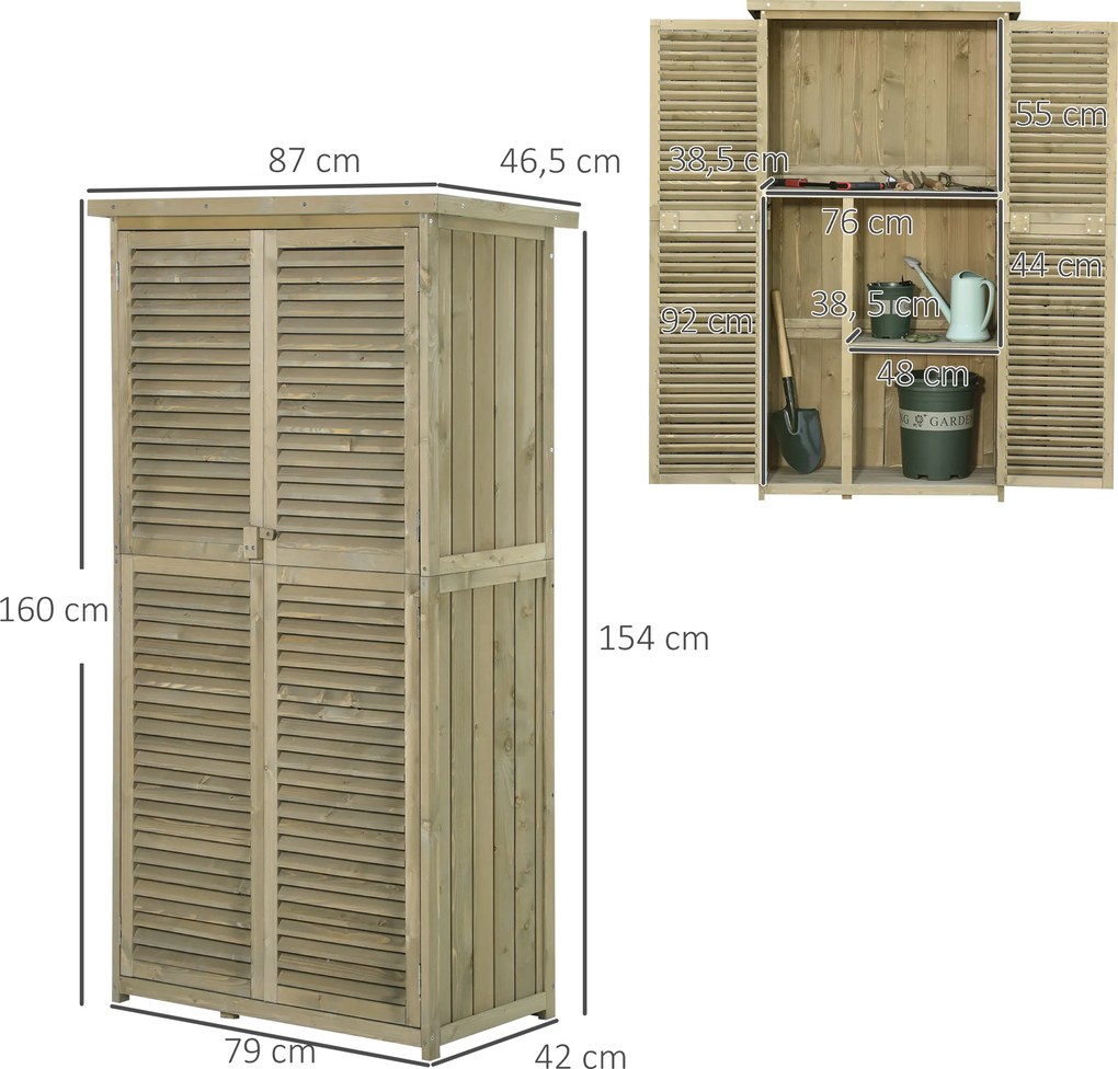 Armário de jardim, arrecadação para ferramentas com pés, 87 x 47 x 160 cm, 2 prateleiras, portas com persianas, telhado impermeável de asfalto, madeir