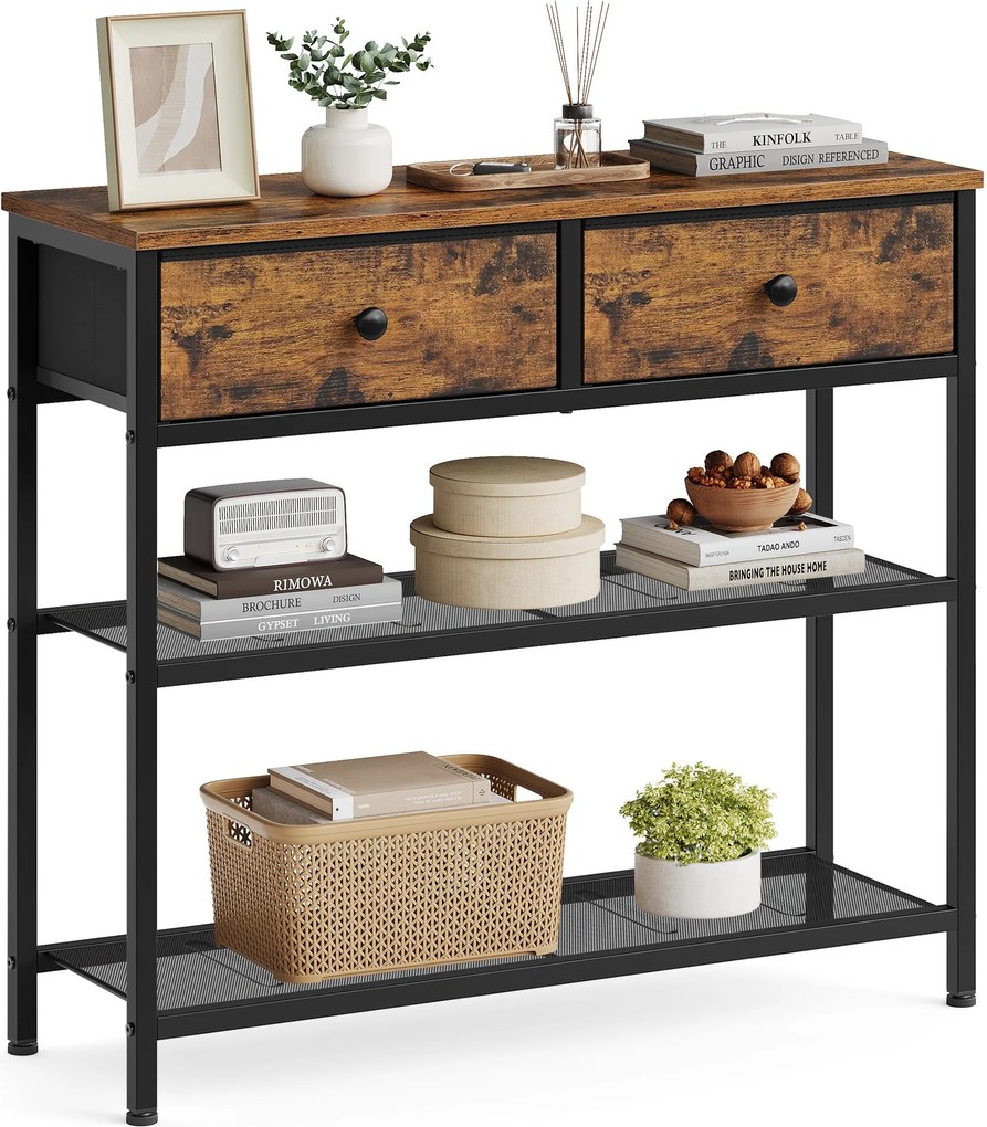 Mesa consola  76,7 x 30 x 78,7 cm, 2 gavetas castanha vintage