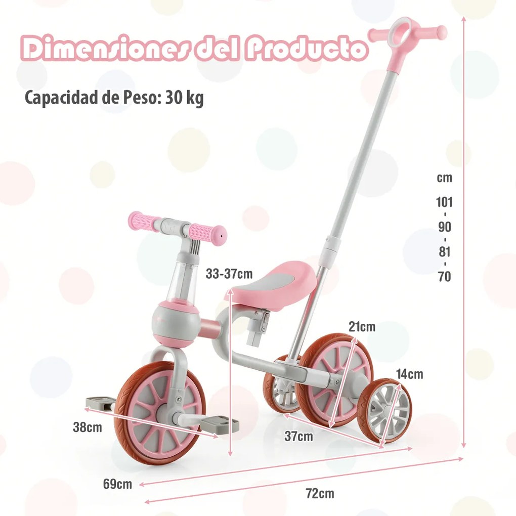 Triciclo infantil 2-4 anos Bicicleta sem pedais 4 em 1 com pedais reguláveis ​​em altura e rodas salientes 37 x 72 x 101 cm Rosa