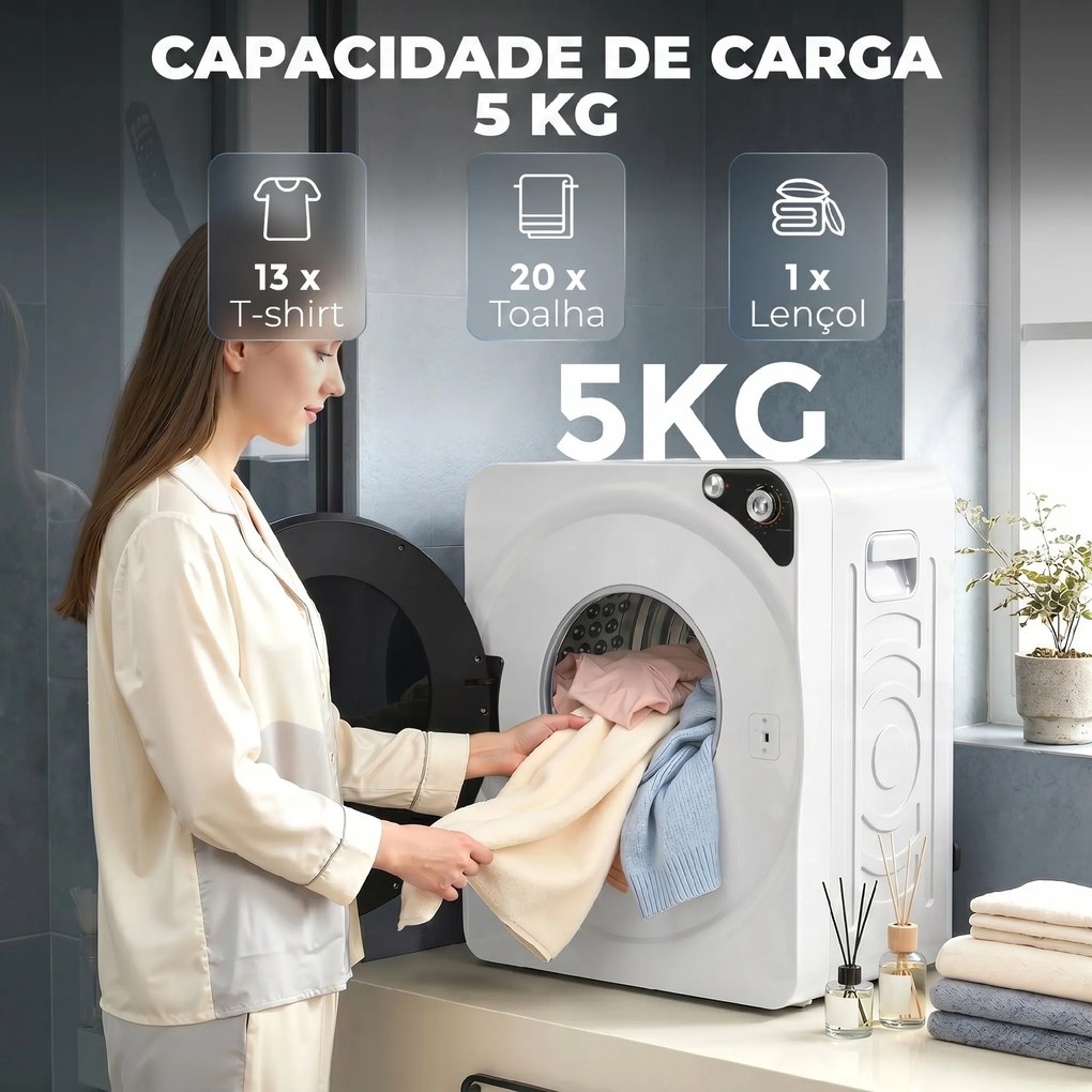 Máquina de Secar Roupa Compacta 5 kg 1000W com 5 Modos de Secagem Tambor em Aço Inoxidável Branco
