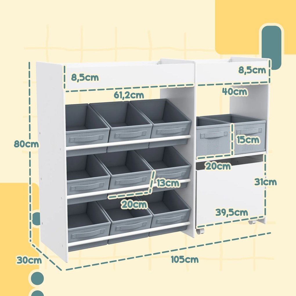Estante para brinquedos infantis e livros 105 x 30 x 80 cm, com 11 caixas de arrumação em tecido não tecido, branca e cinza