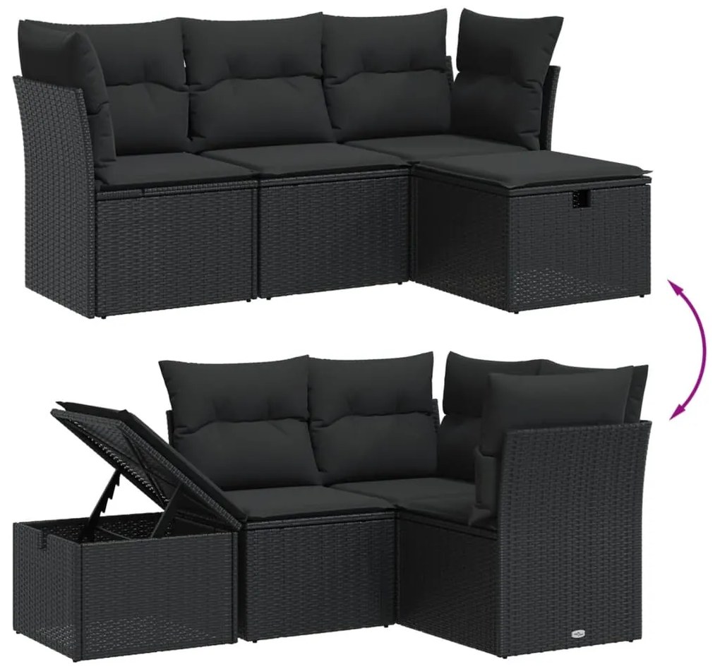 4 pcs conjunto de sofás para jardim c/ almofadões vime PE preto