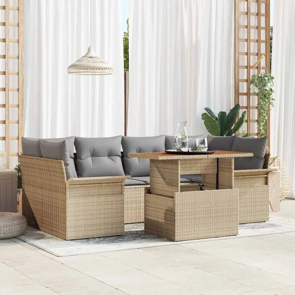 vidaXL Conjunto de Sofá de Jardim de 7 Peças com Almofadas Bege de Rattan e Acácia