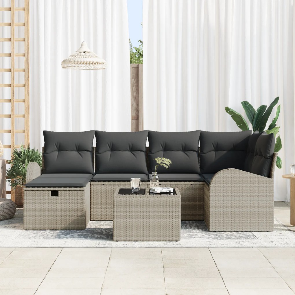 Conjunto de Sofá de Jardim 7 peças com Almofadas Cinza Claro Poliratta