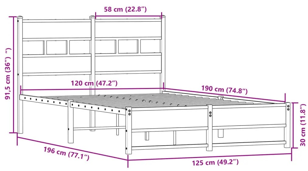 Estrutura de cama sem colchão 120x190 cm metal carvalho sonoma