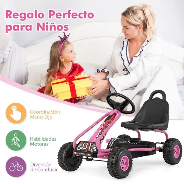 Kart a pedais para crianças com 4 rodas antiderrapantes Assento envolvente e travão de mão 92 x 50 x 53 cm Rosa