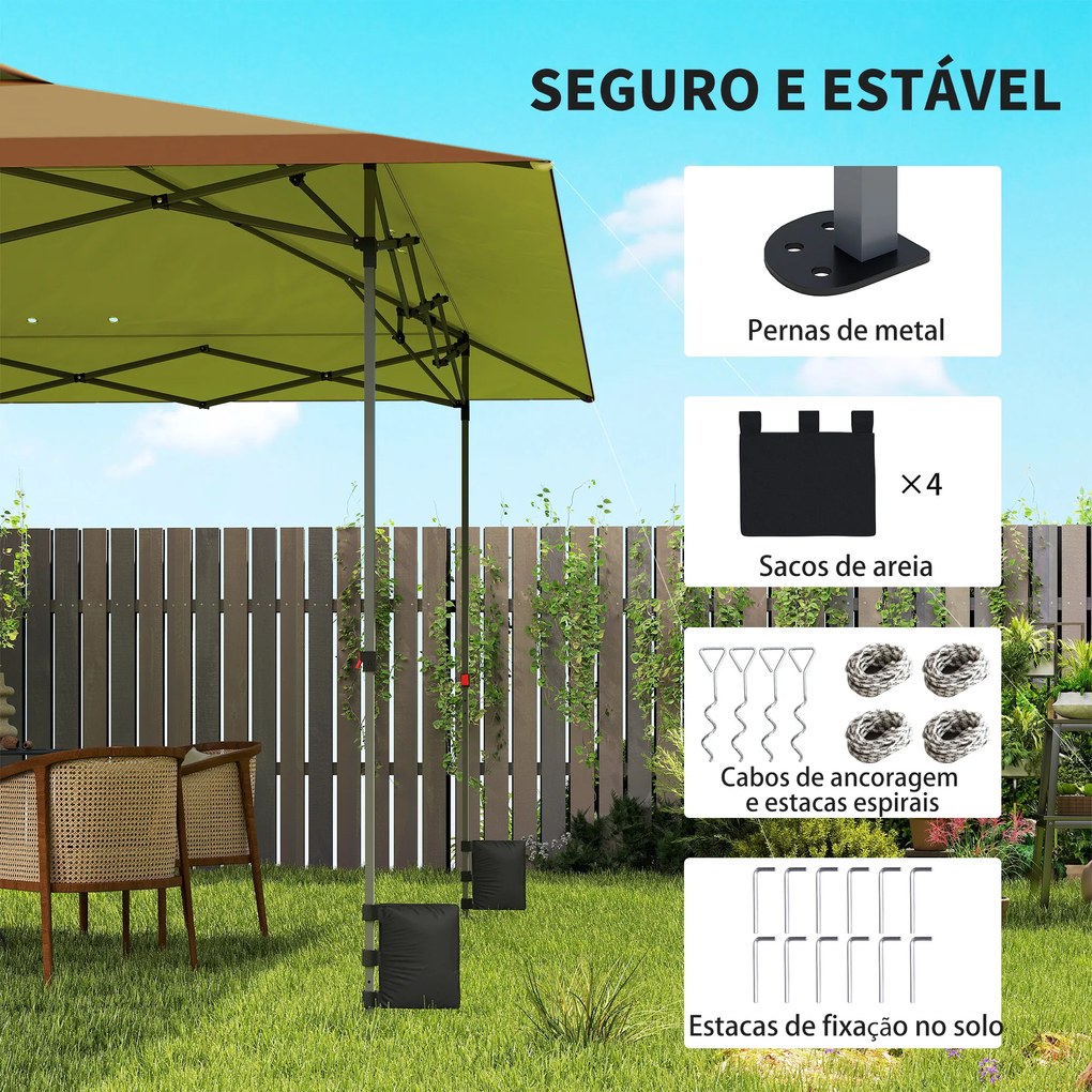 Tenda Dobrável Pop-up 4x4 m com Bloqueio Central UPF50+ Altura Ajustável Sacos de Areia e Bolsa com Rodas Bege e Castanho