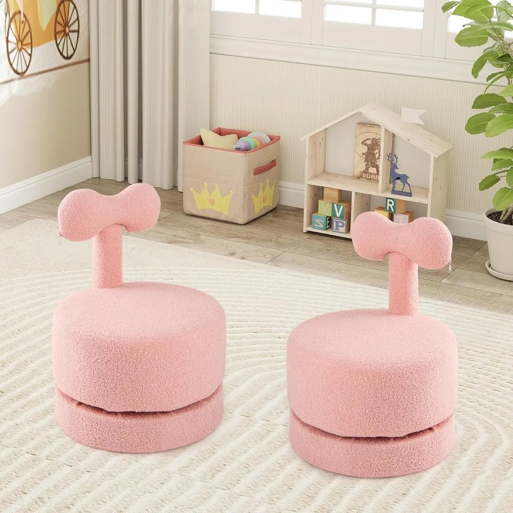 Conjunto de 2 cadeiras giratórias infantis estofadas em veludo Teddy com encosto em forma de laço e assento acolchoado Rosa