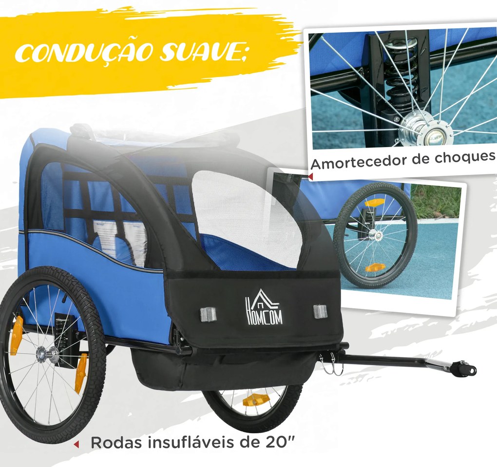 Reboque de Bicicleta para Crianças de 2 Lugares com Cinto de Segurança e Sistema de Amortecimento 140x88x90 cm Azul