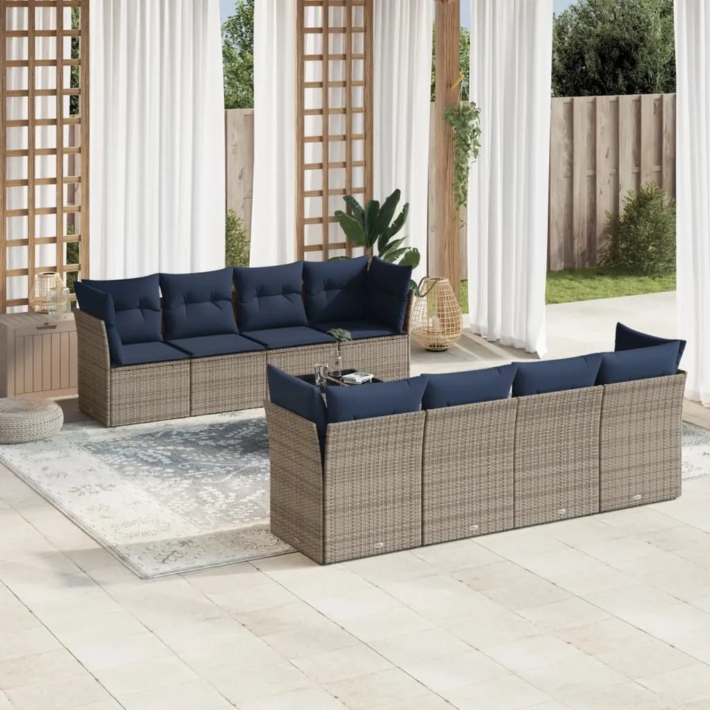 vidaXL 9 pcs conjunto sofás p/ jardim c/ almofadões vime PE cinzento