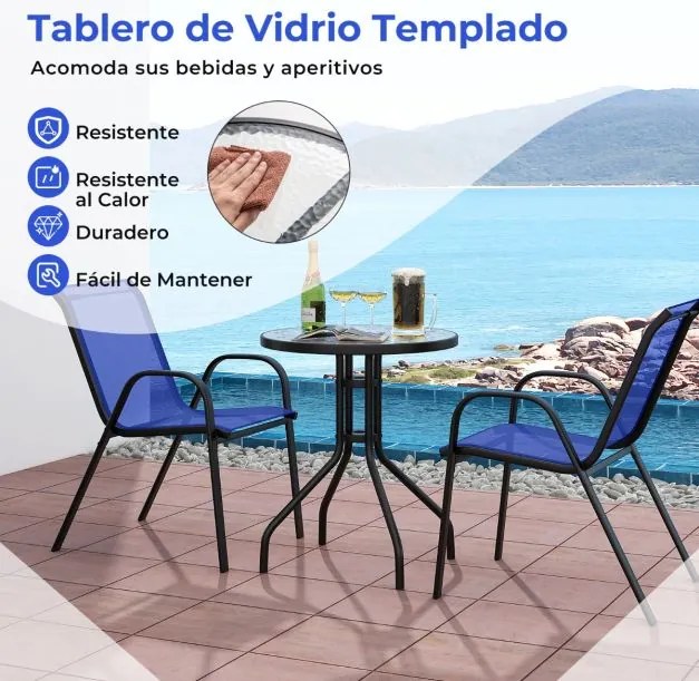 Conjunto de móveis Jardim Bistrô de 3 peças, 2 cadeiras em tecido e 1 mesa em vidro temperado azul