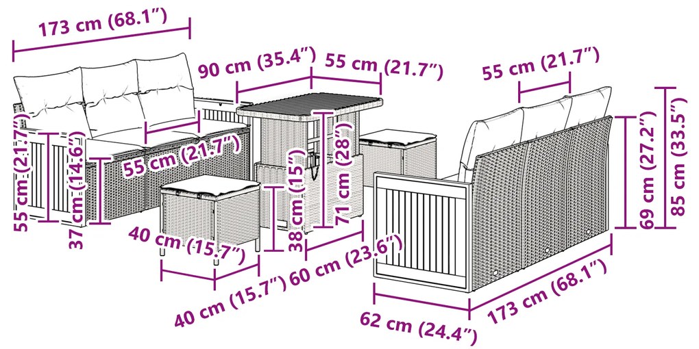 Conjunto de Sofá de Jardim vidaXL de 9 Peças com Almofadas Preto de Ra