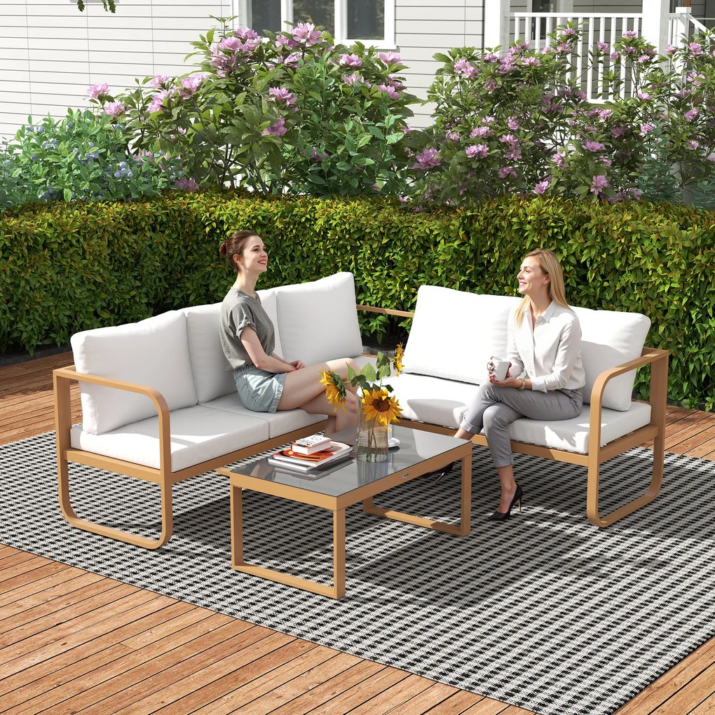 Conjunto de Jardim de 3 Peças com Sofá de 3 Lugares com Assento Ajustável Sofá de 2 Lugares e Mesa de Centro Creme