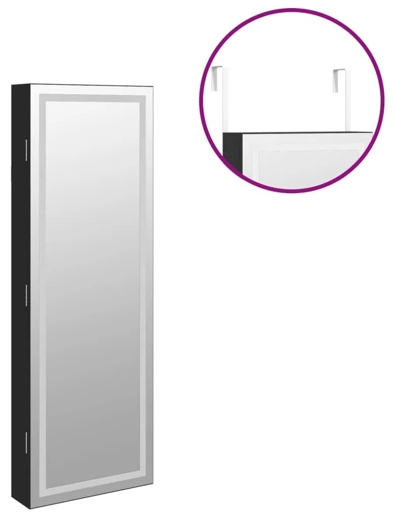 Móvel para joias de parede espelhado com luzes LED preto