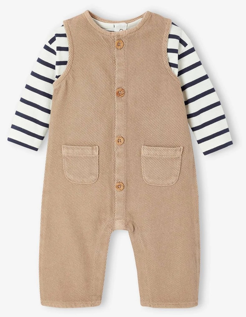 Conjunto camisola + macacão às riscas, para bebé  noz pecã