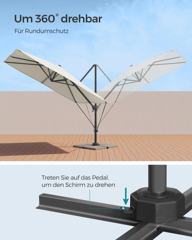 Guarda-sol retangular de 270 x 270 cm com manivela e base em cruz branco creme