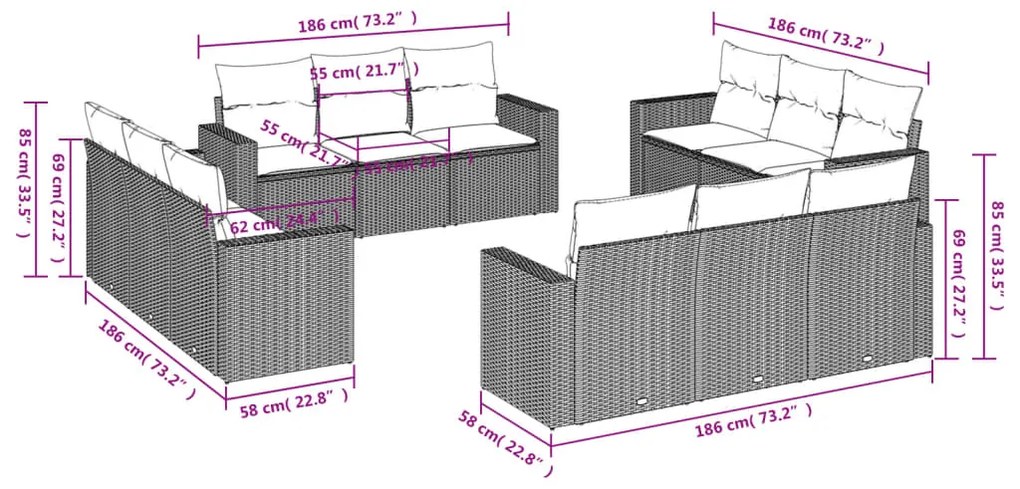 12 pcs conjunto de sofás de jardim c/ almofadões vime PE preto