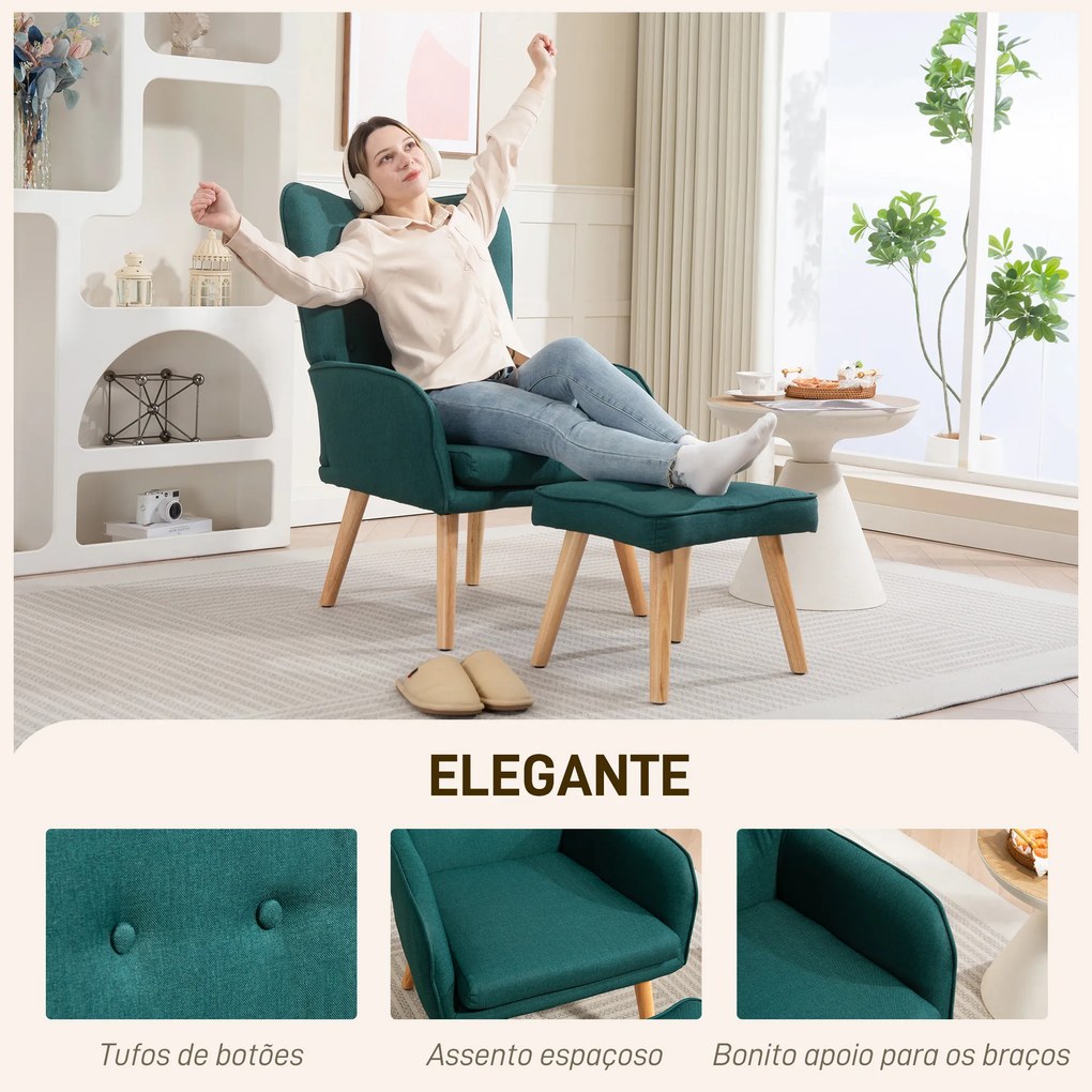 Poltrona com Apoio para Pés Poltrona de Leitura com Capitonê Pés de Madeira e Revestimento em Linho 70x72x94 cm Verde Escuro