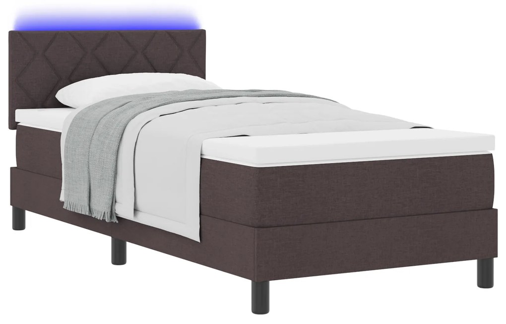 Cama Box Spring com Colchão e LED Marrom Escuro 90x190 cm Tecido